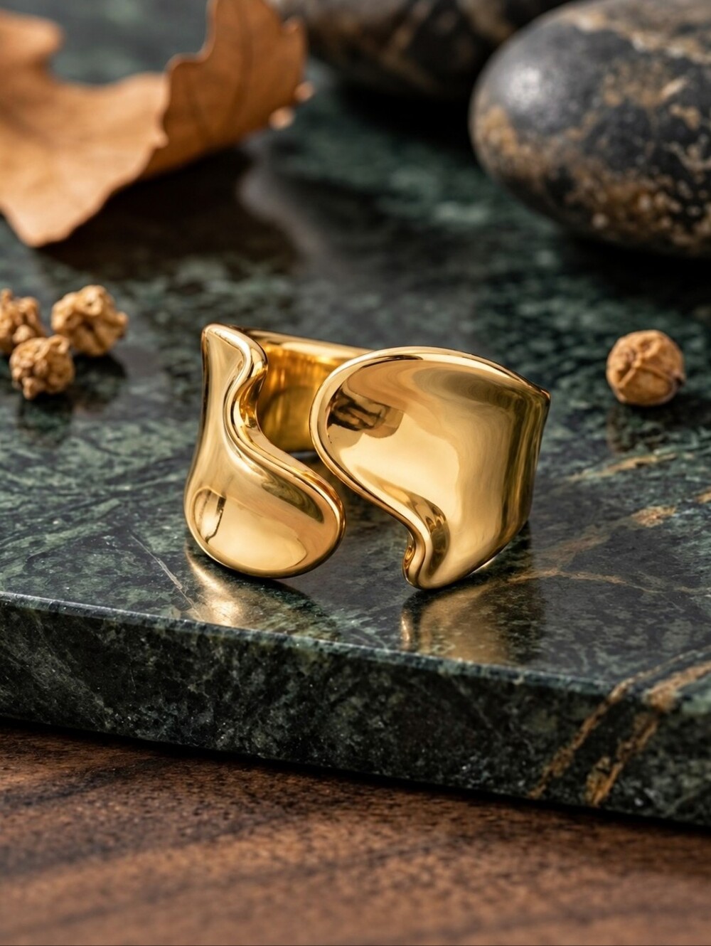 18K Gold Plated S925 Sterling Silver Chunky Wave Open Ring Adjustable 7-8